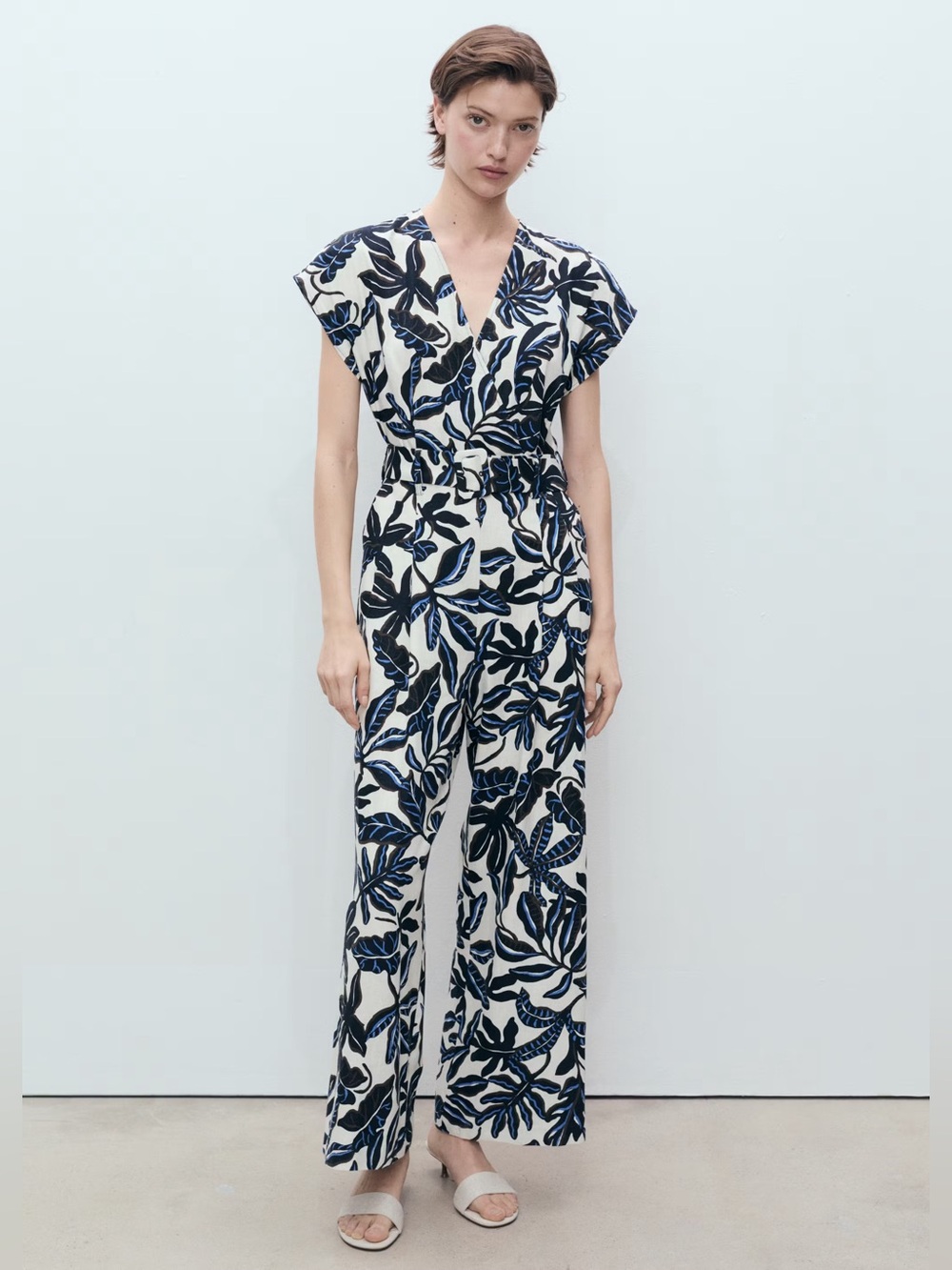 Mango Blue printed linen jumpsuit with belt NWT